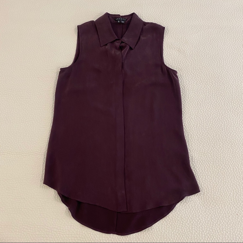 Theory | Sleeveless Maroon Silk Button Down Shirt